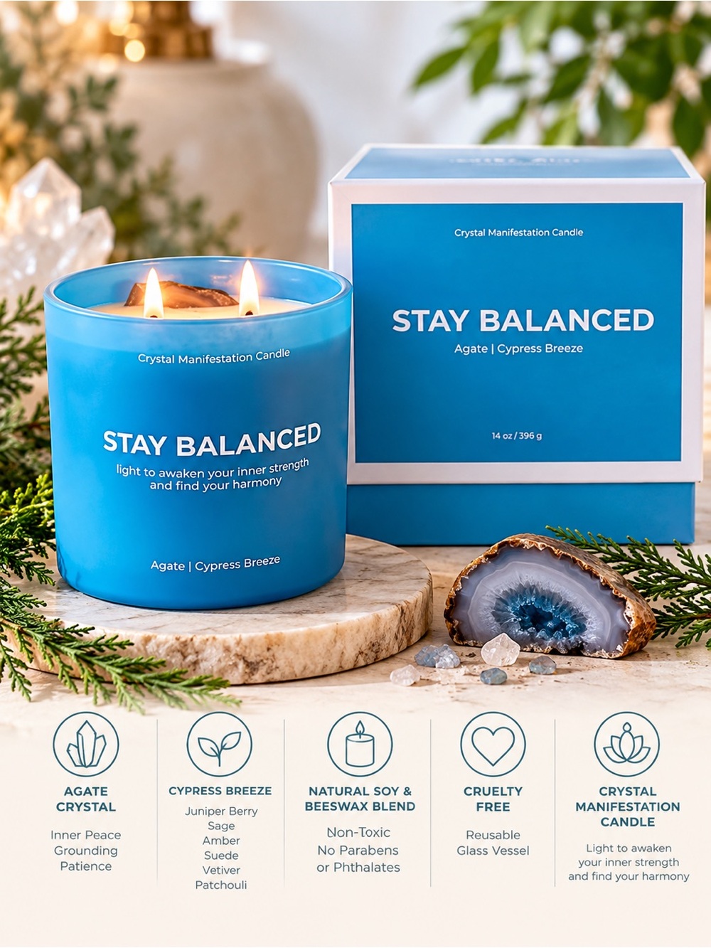 Jill & Ally Stay Balanced Agate Crystal Manifestation Candle Cypress Breeze 14oz